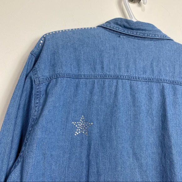 Vintage 90s Rhinestone Crystal Embellished Denim Tunic Shirt Star Medium Blue L - Picture 12 of 16